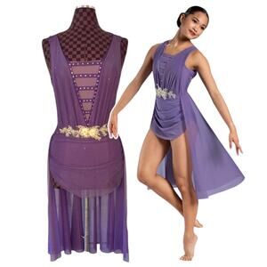 Weissman Elite Purple Dance Leotard Dress Size SA D13039 Mesh Midi Back Panel